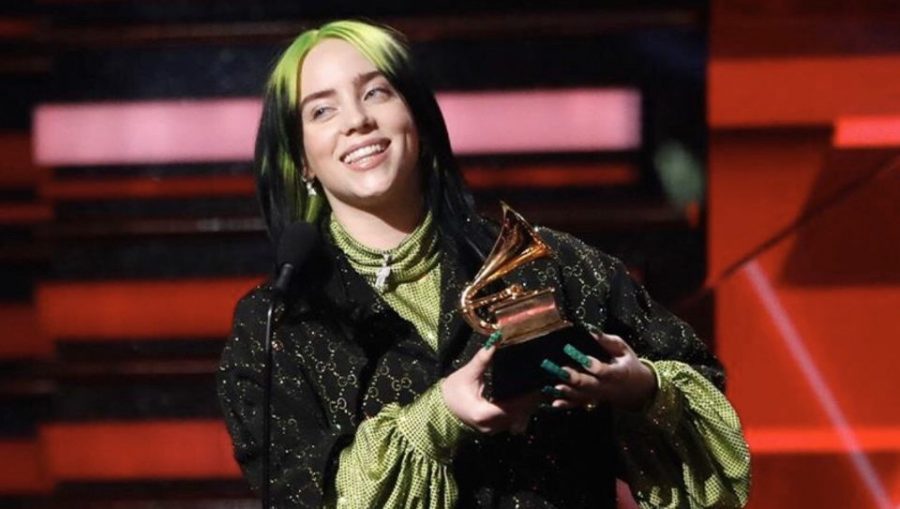 Billie+Eilish+takes+home+five+trophies+at+the+Grammy+Awards+this+past+Sunday.+