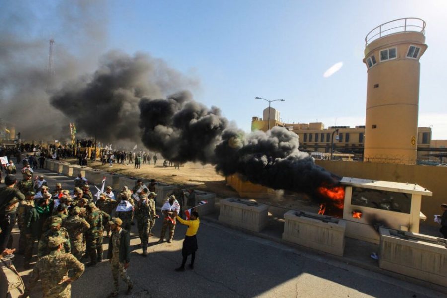 
The American Embassy compound in Iraq burns after an Iranian-backed attack.
