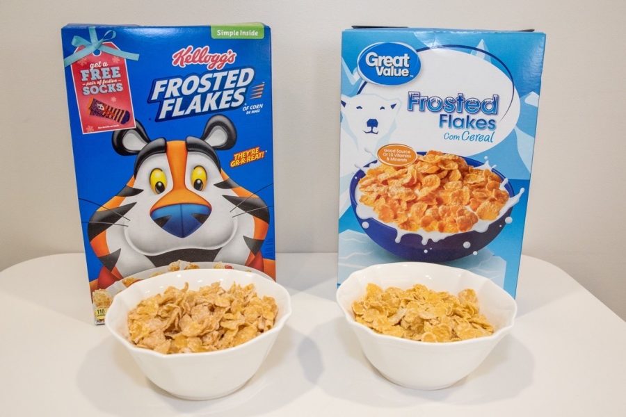 Kellogg’s Frosted Flakes are $1.00 more than Walmart’s Great Value brand and there’s barely a difference in taste.