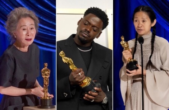 Yun-Jung Youn, Daniel KALUUYA, and Chloé Zhao accept their trophies at the 2021 Oscar Awards show.