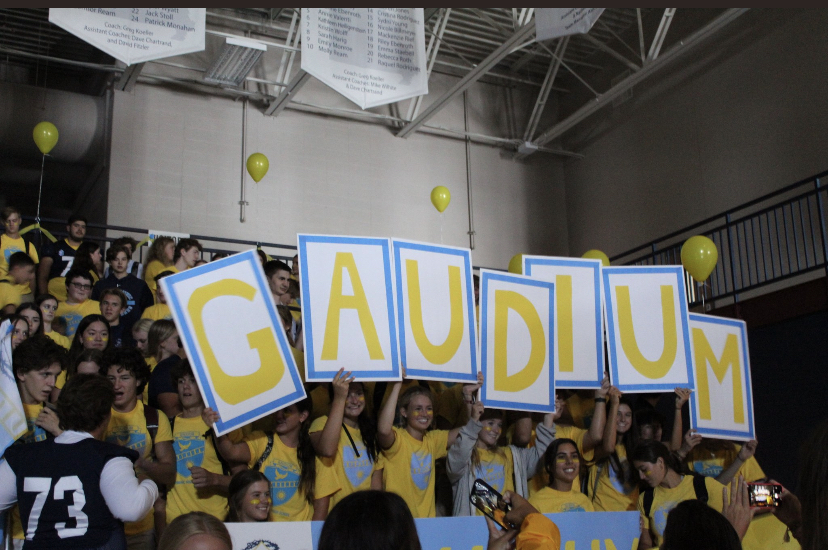 House Gaudium holds up posters to show their house spirit. 