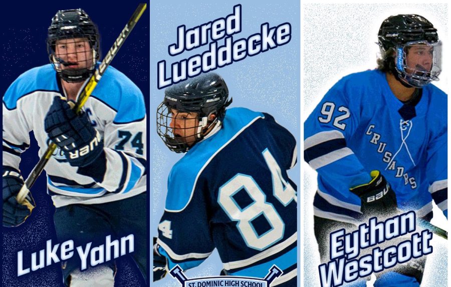 Crusader Hockey celebrates Luke Yahn, Jared Lueddecke, and Eythan Westcott. 